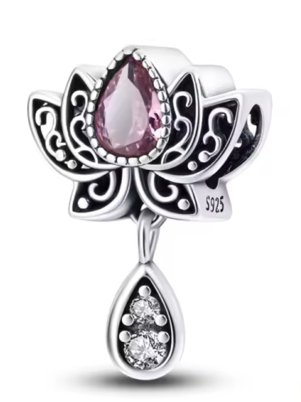 PANDORA Sterling Silver Lotus Dangle Charm with Pink Teardrop Gem